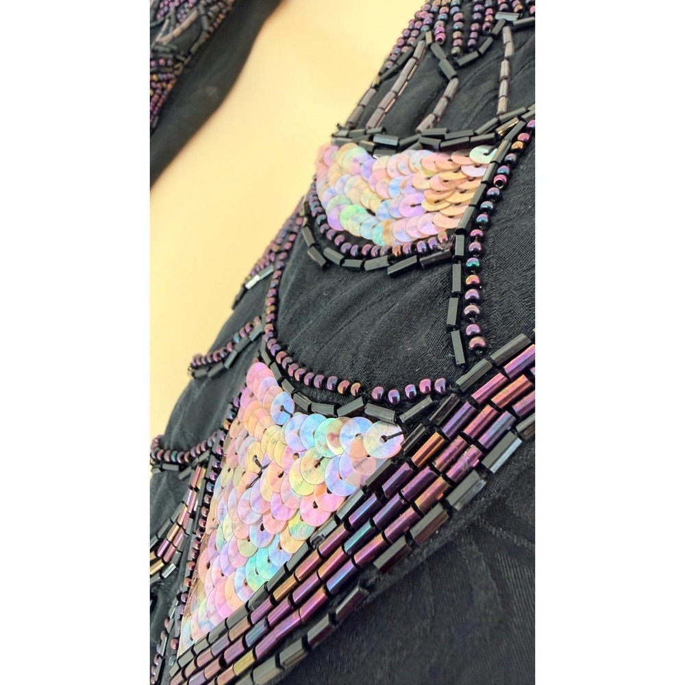 Vintage Silk Beaded Sequin Jacquard Evening Blazer Black Long Sleeve Jacket - Picture 7 of 14